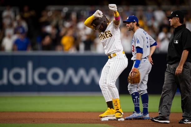 Fernando Tatis Jr of the San Diego Padres celebrates after hitting a double in the fifth inning against the Los Angeles Dodgers on June 21, 2021 at...