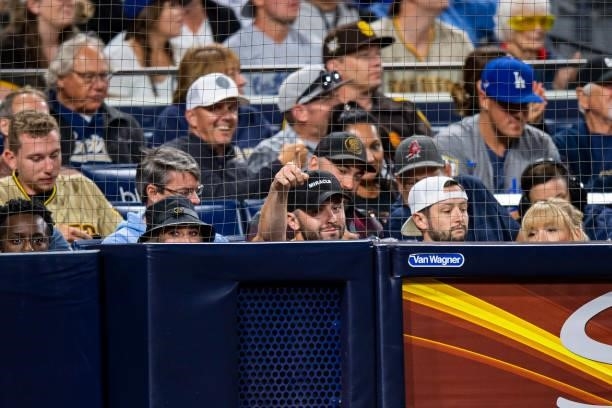 Cleveland Browns quarterback Baker Mayfield watches the San Diego Padres face the Los Angeles Dodgers on June 21, 2021 at Petco Park in San Diego,...