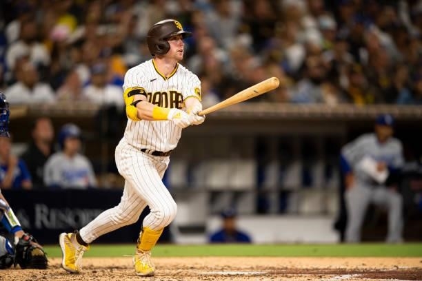 Jake Cronenworth of the San Diego Padres hits a home run in the fifth inning against the Los Angeles Dodgers on June 21, 2021 at Petco Park in San...