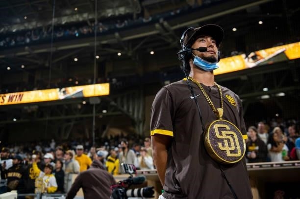 Yu Darvish of the San Diego Padres wears 'swag chain' in a postgame interview after defeating the Los Angeles Dodgers on June 21, 2021 at Petco Park...