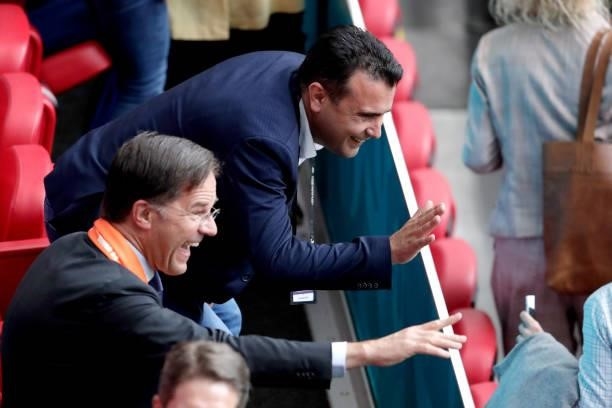 Dutch Prime Minister Mark Rutte, Prime Minister Zoran Zaev of North Macedonia during the EURO match between North Macedonia v Holland at the Johan...