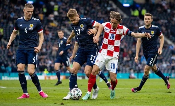 Croatia's Luka Modric and Stuart Armstrong in action during a Euro 2020 match between Croatia and Scotland at Hampden Park, on June 22 in Glasgow,...