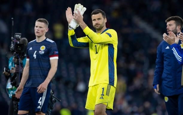 David Marshall at Full Time during a Euro 2020 match between Croatia and Scotland at Hampden Park, on June 22 in Glasgow, Scotland.