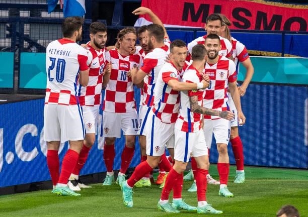 The Croatia players celebrate Luka Modric's goal during a Euro 2020 match between Croatia and Scotland at Hampden Park, on June 22 in Glasgow,...