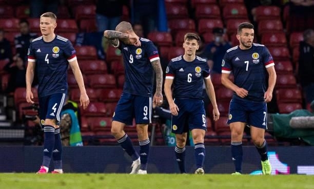 Scotland's Scott McTominay, Lyndon Dykes, Kieran Tierney and John McGinn during a Euro 2020 match between Croatia and Scotland at Hampden Park, on...