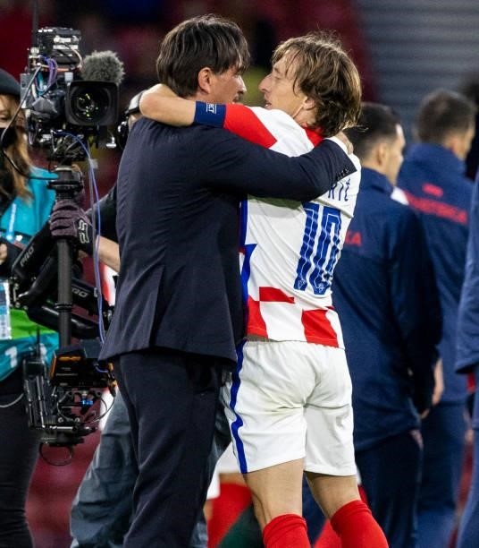 Croatia Manager Zlatko Dalic with Luka Modric at Full Time during a Euro 2020 match between Croatia and Scotland at Hampden Park, on June 22 in...
