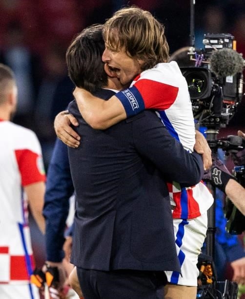 Croatia Manager Zlatko Dalic with Luka Modric at Full Time during a Euro 2020 match between Croatia and Scotland at Hampden Park, on June 22 in...