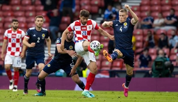 Scott McTominay and Bruno Petkovic in action during a Euro 2020 match between Croatia and Scotland at Hampden Park, on June 22 in Glasgow, Scotland.