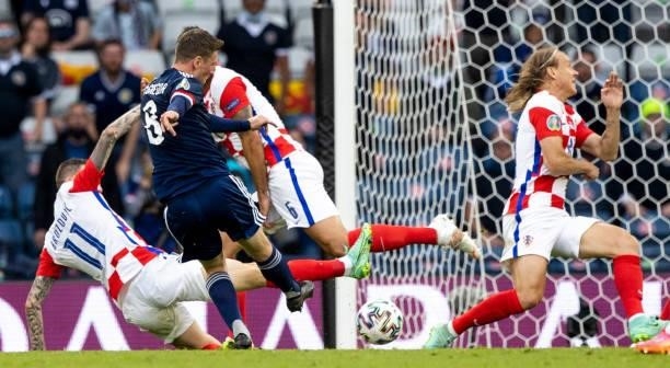 Callum Mcgregor scores to make it 1-1 during a Euro 2020 match between Croatia and Scotland at Hampden Park, on June 22 in Glasgow, Scotland.