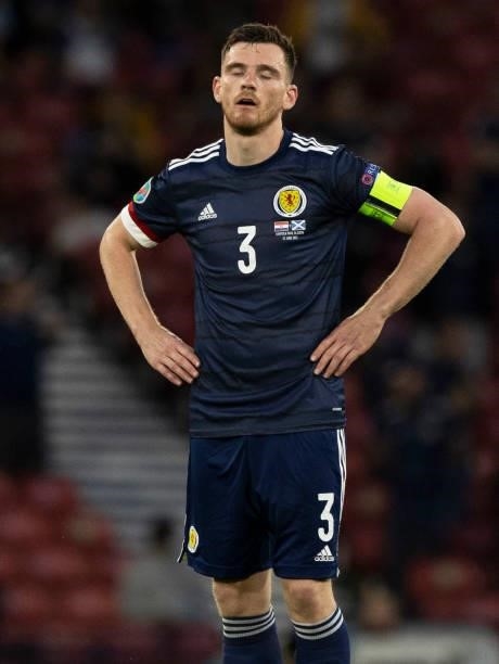Andrew Robertson during a Euro 2020 match between Croatia and Scotland at Hampden Park, on June 22 in Glasgow, Scotland.