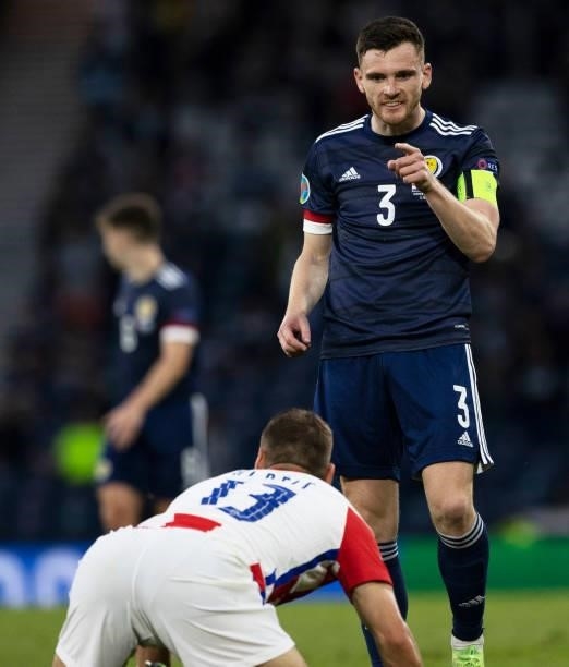 Andrew Robertson during a Euro 2020 match between Croatia and Scotland at Hampden Park, on June 22 in Glasgow, Scotland.