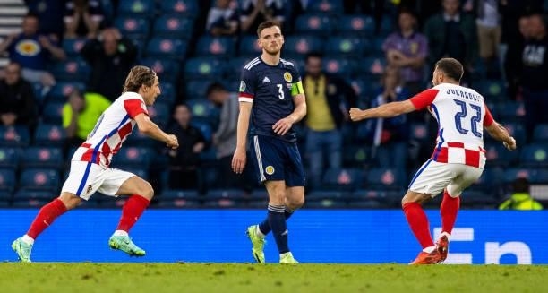 Luke Modric celebrates after scoring to make it 2-1 Croatia during a Euro 2020 match between Croatia and Scotland at Hampden Park, on June 22 in...