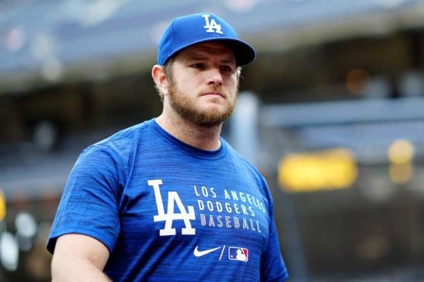 Max Muncy of the Los Angeles Dodgers looks on during batting practice before the game between the Los Angeles Dodgers and the San Diego Padres at...