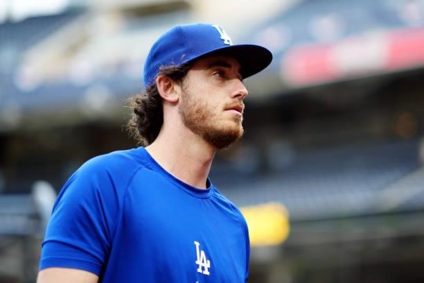 Cody Bellinger of the Los Angeles Dodgers looks on during batting practice before the game between the Los Angeles Dodgers and the San Diego Padres...