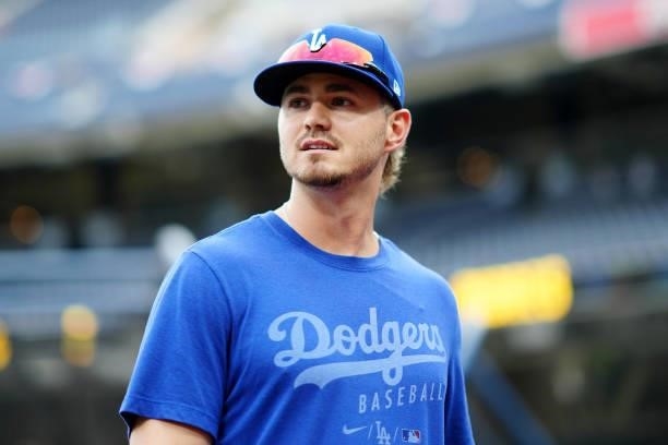 Zach McKinstry of the Los Angeles Dodgers looks on during batting practice before the game between the Los Angeles Dodgers and the San Diego Padres...