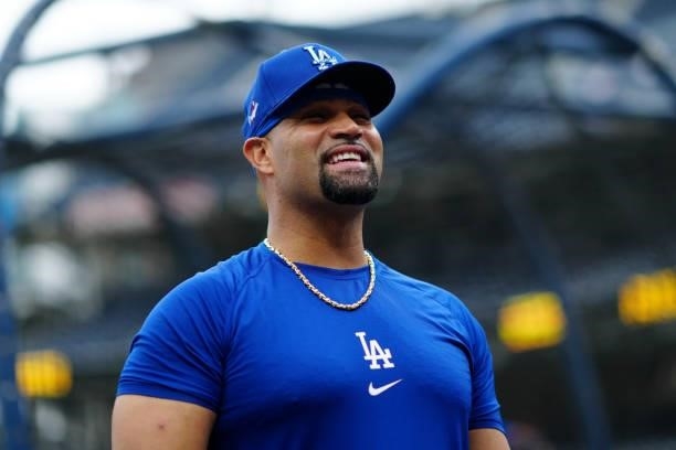 Albert Pujols of the Los Angeles Dodgers looks on during batting practice before the game between the Los Angeles Dodgers and the San Diego Padres at...