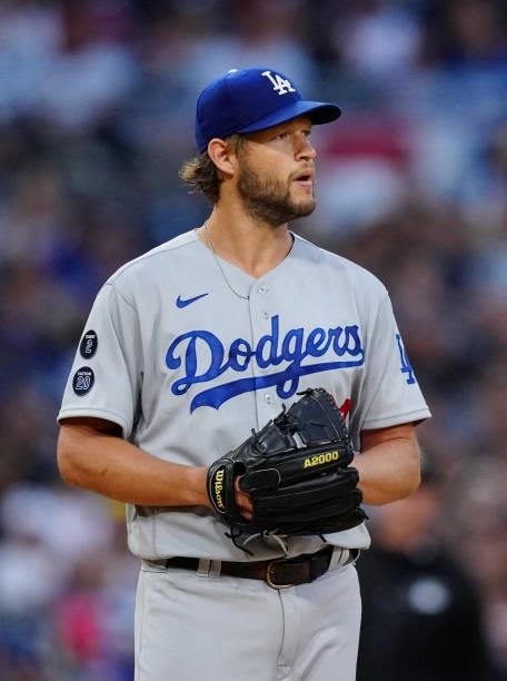 Clayton Kershaw of the Los Angeles Dodgers looks on during the game between the Los Angeles Dodgers and the San Diego Padres at Petco Park on...