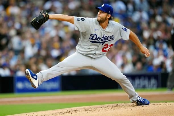 Clayton Kershaw of the Los Angeles Dodgers pitches during the game between the Los Angeles Dodgers and the San Diego Padres at Petco Park on Tuesday,...