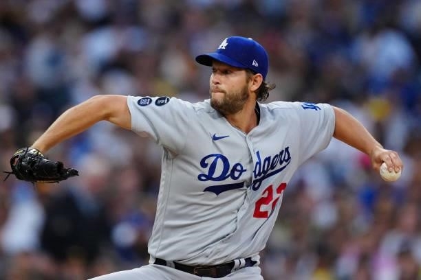 Clayton Kershaw of the Los Angeles Dodgers pitches during the game between the Los Angeles Dodgers and the San Diego Padres at Petco Park on Tuesday,...