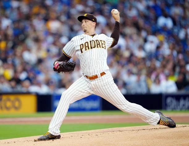 Blake Snell of the San Diego Padres pitches during the game between the Los Angeles Dodgers and the San Diego Padres at Petco Park on Tuesday, June...
