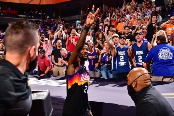 Deandre Ayton of the Phoenix Suns waves to fans after the game against the LA Clippers during Game 2 of the Western Conference Finals of the 2021 NBA...