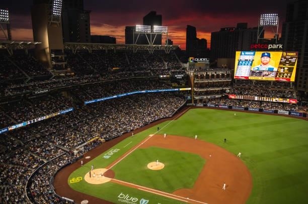 General view of the ballpark as the sun sets as the San Diego Padres face against the Los Angeles Dodgers on June 22, 2021 at Petco Park in San...