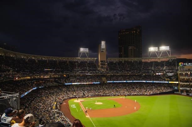 General view of the ballpark as the sun sets as the San Diego Padres face against the Los Angeles Dodgers on June 22, 2021 at Petco Park in San...