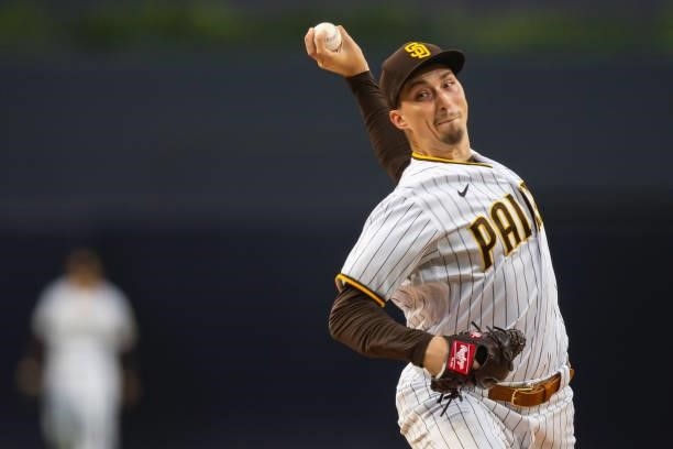 Blake Snell of the San Diego Padres pitches in the first inning against the Los Angeles Dodgers on June 22, 2021 at Petco Park in San Diego,...