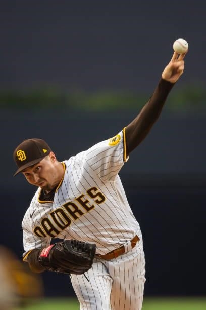 Blake Snell of the San Diego Padres pitches in the first inning against the Los Angeles Dodgers on June 22, 2021 at Petco Park in San Diego,...
