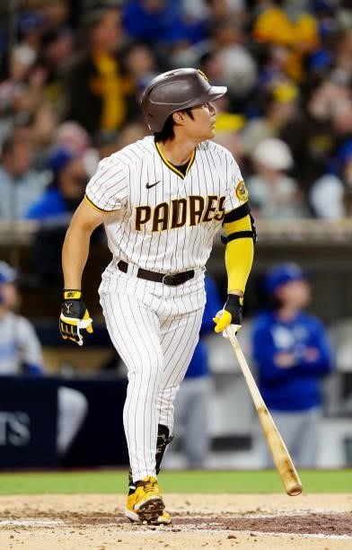 Ha-Seong Kim of the San Diego Padres hits a home run during the game between the Los Angeles Dodgers and the San Diego Padres at Petco Park on...