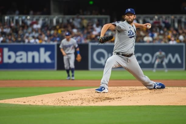 Clayton Kershaw of the Los Angeles Dodgers pitches in the first inning on June 22, 2021 at Petco Park in San Diego, California.