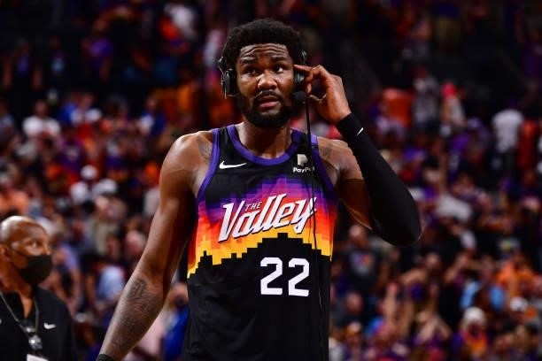 Deandre Ayton of the Phoenix Suns is interviewed after the game against the LA Clippers during Game 2 of the Western Conference Finals of the 2021...