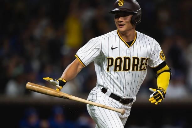 Ha-seong Kim hits a home run in the fifth inning against the Los Angeles Dodgers on June 22, 2021 at Petco Park in San Diego, California.