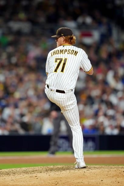 Mason Thompson of the San Diego Padres pitches during the game between the Los Angeles Dodgers and the San Diego Padres at Petco Park on Tuesday,...