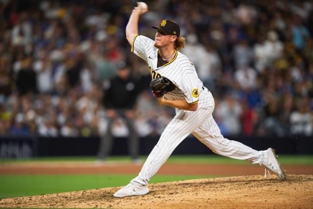 Mason Thompson of the San Diego Padres pitches in the eighth inning against the Los Angeles Dodgers on June 22, 2021 at Petco Park in San Diego,...