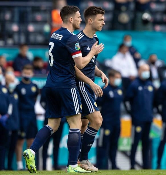 Scotland's Andy Robertson and Kieran Tierney during a Euro 2020 match between Croatia and Scotland at Hampden Park, on June 22 in Glasgow, Scotland.