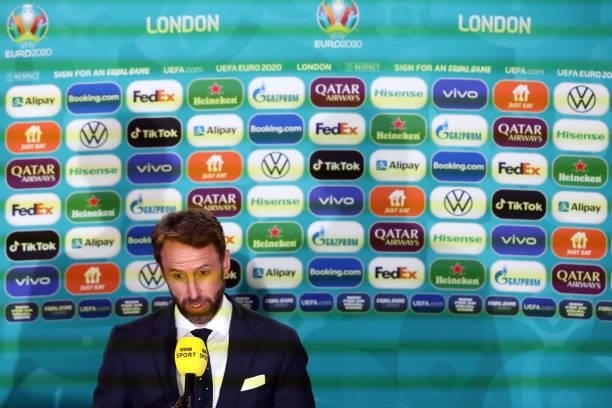 Gareth Southgate, Head Coach of England gives an interview during the UEFA Euro 2020 Championship Group D match between Czech Republic and England at...