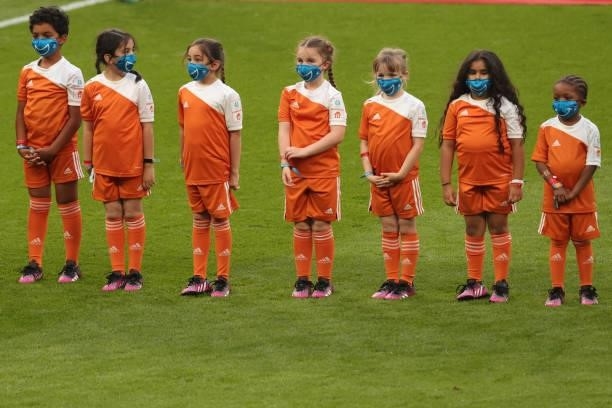 Masked UEFA mascots look on prior to the UEFA Euro 2020 Championship Group D match between Czech Republic and England at Wembley Stadium on June 22,...