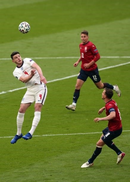 Declan Rice of England in action with Lukas Masopust and Jordan Henderson of England during the UEFA Euro 2020 Championship Group D match between...