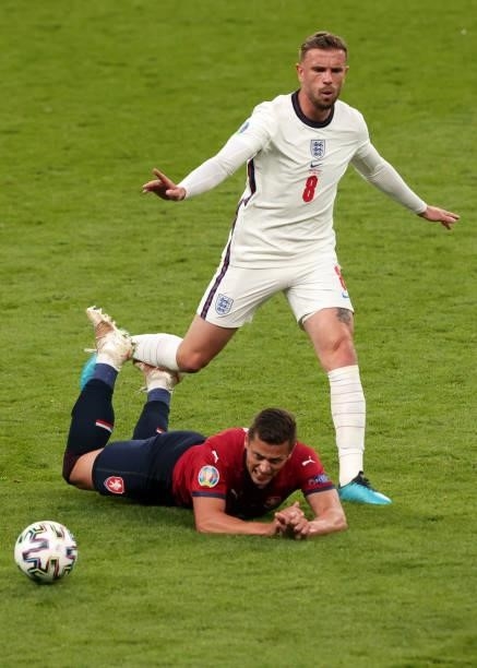 Jordan Henderson of England in action with Tomas Holes of Czech Republic during the UEFA Euro 2020 Championship Group D match between Czech Republic...