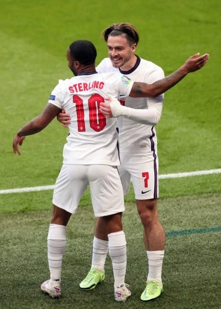 Raheem Sterling of England celebrates scoring his goal with Jack Grealish during the UEFA Euro 2020 Championship Group D match between Czech Republic...