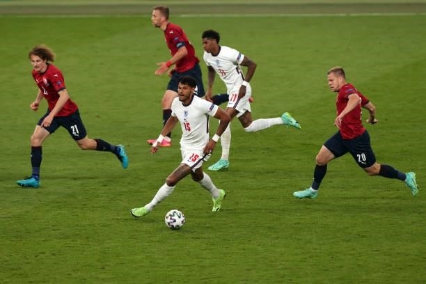 Tyrone Mings and Marcus Rashford of England in action with Alex Kral and Matej Vydra of Czech Republic during the UEFA Euro 2020 Championship Group D...