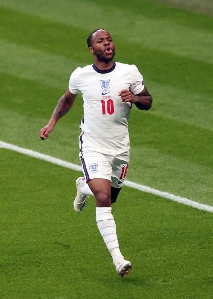 Raheem Sterling of England celebrates scoring his goal during the UEFA Euro 2020 Championship Group D match between Czech Republic and England at...