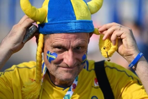 Sweden supporter poses before the UEFA EURO 2020 Group E football match between Sweden and Poland at Saint Petersburg Stadium in Saint Petersburg on...