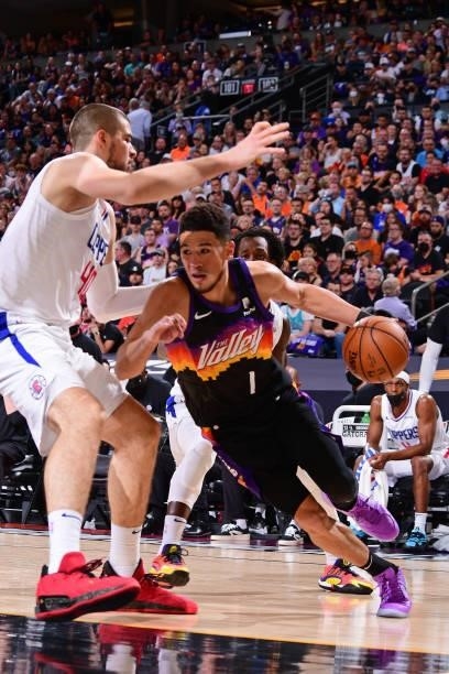 Devin Booker of the Phoenix Suns drives to the basket against the LA Clippers during Game 2 of the Western Conference Finals of the 2021 NBA Playoffs...