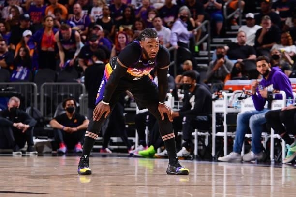 Jae Crowder of the Phoenix Suns looks on against the LA Clippers during Game 2 of the Western Conference Finals of the 2021 NBA Playoffs on June 22,...