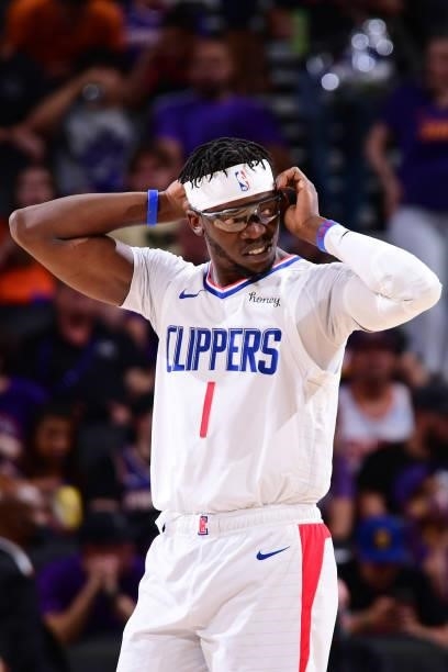 Reggie Jackson of the LA Clippers looks on against the Phoenix Suns during Game 2 of the Western Conference Finals of the 2021 NBA Playoffs on June...