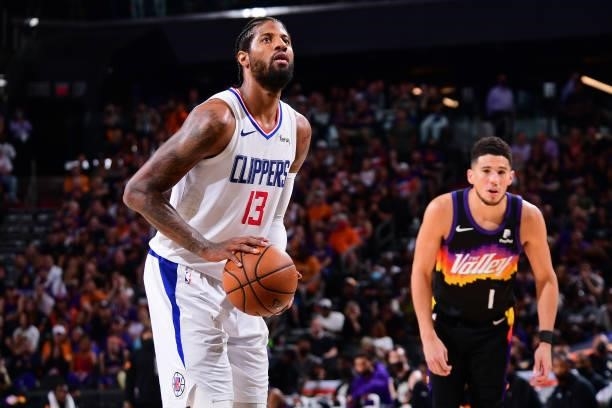 Paul George of the LA Clippers shoots a free throw against the Phoenix Suns during Game 2 of the Western Conference Finals of the 2021 NBA Playoffs...