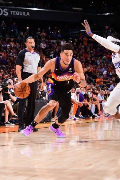 Devin Booker of the Phoenix Suns drives to the basket against the LA Clippers during Game 2 of the Western Conference Finals of the 2021 NBA Playoffs...