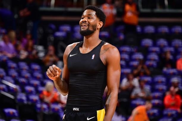 Deandre Ayton of the Phoenix Suns looks on before the game against the LA Clippers during Game 2 of the Western Conference Finals of the 2021 NBA...